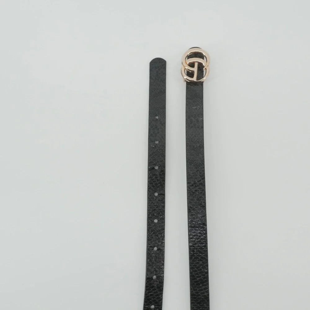 Skinny Belt Women Size M Black Gold Interlocking G Buckle Reptile
